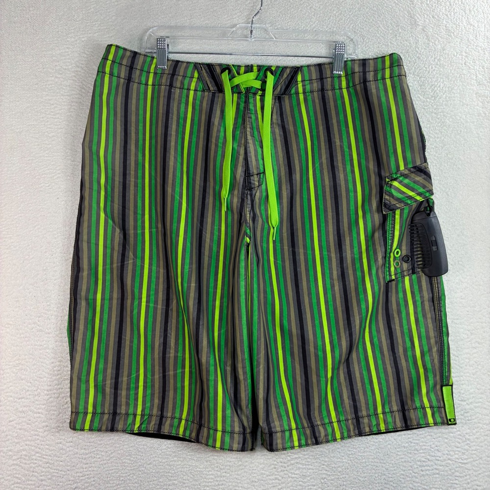 Oakley Board Shorts Men 38x11 Green Striped Surf Skate Beach‎ Swim Trunks Y2K